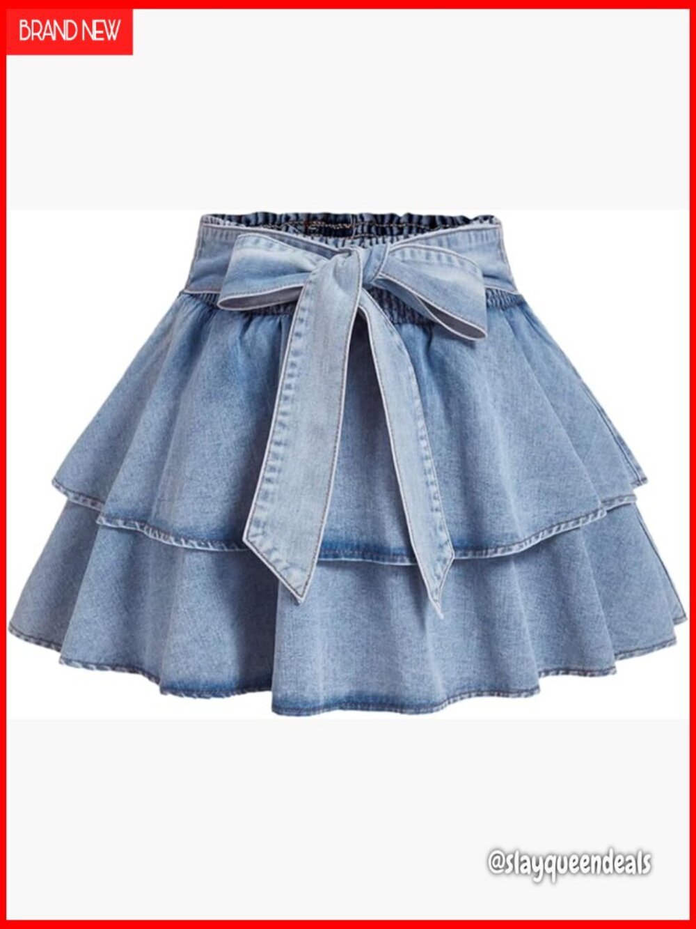 Plus Size Denim Mini Skirt with Bow and Ruffled Elastic Waist